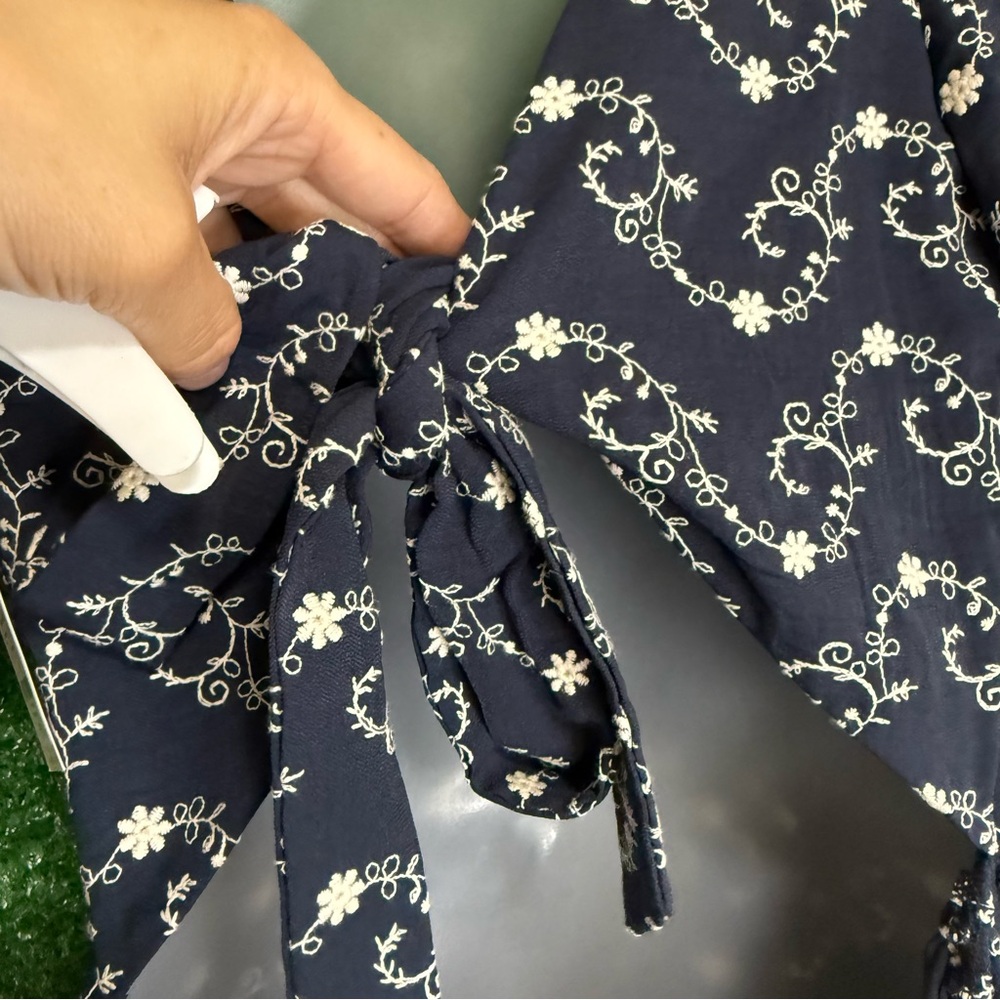 Francesca's Collection Gena Tie Back Embroidered Navy Puff Sleeve Mini Dress - Picture 8 of 16